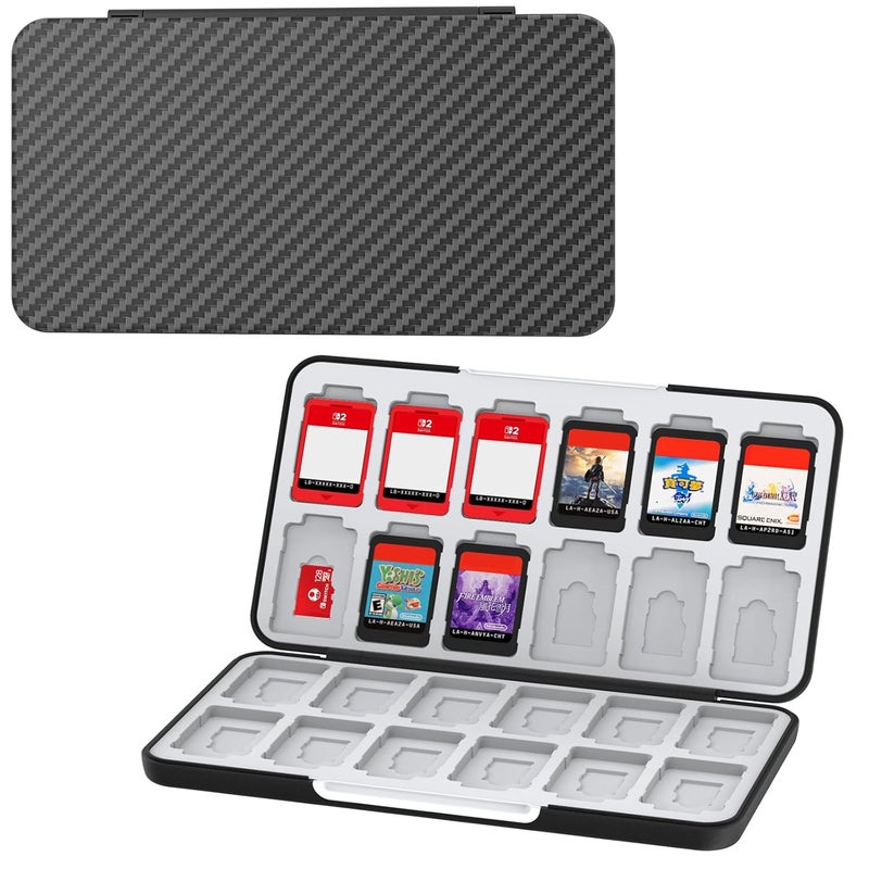 HEIYING Game Card Case for Nintendo Switch 2 / Switch OLED / Lite,Carbon Fibre Surface Processes Design Memory Storage Holder with 24 Game Card Slots and 24 Micro SD Cards Slots - Image 1
